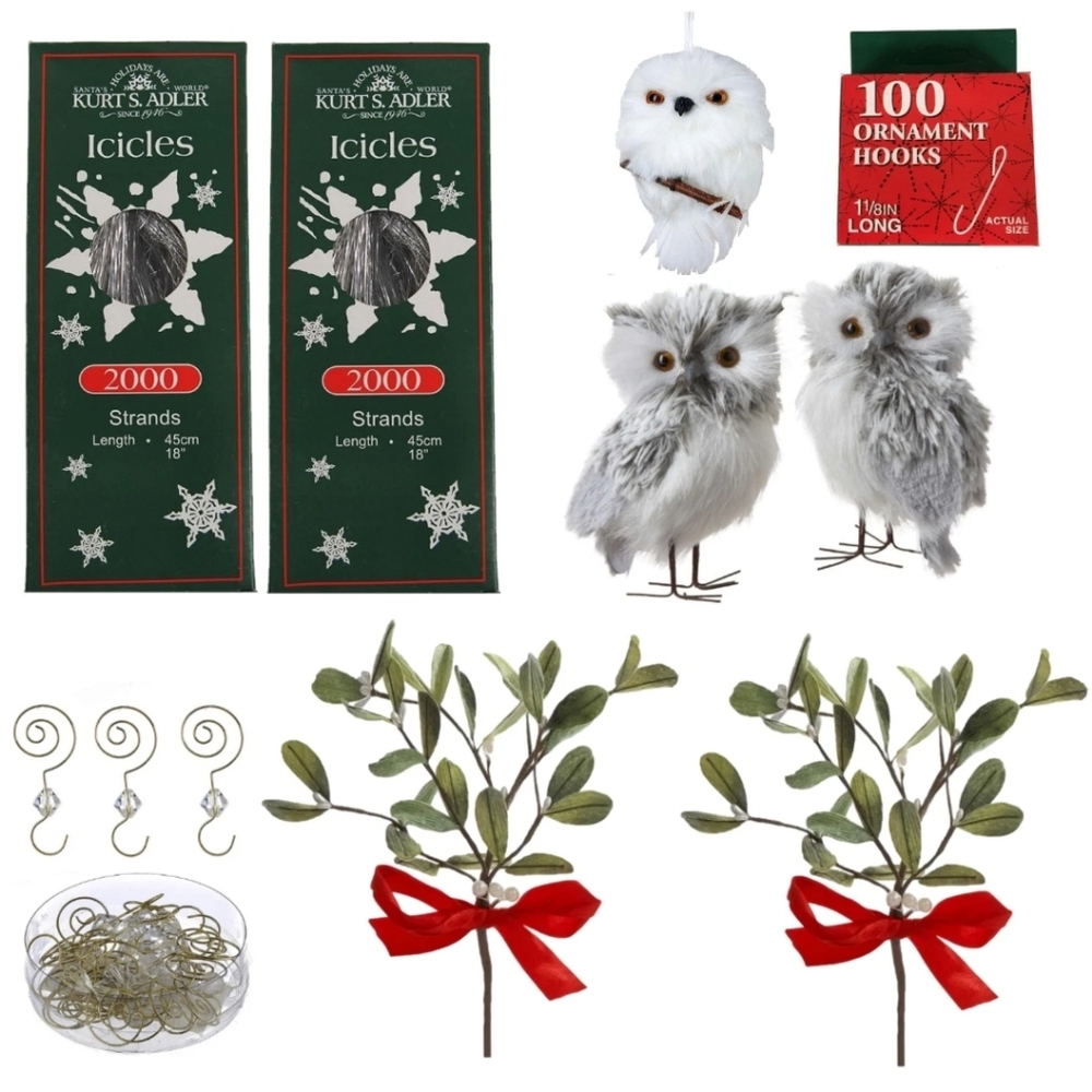 Kurt Adler Christmas Tree Hooks Owls Mistletoe Holiday Home Decorating Bundle
